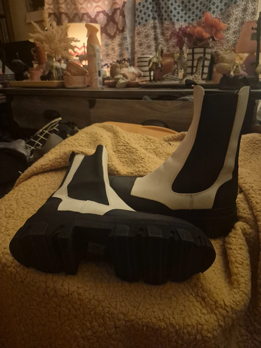 Chunky Chelsea Boots in Black and Cream - Women's